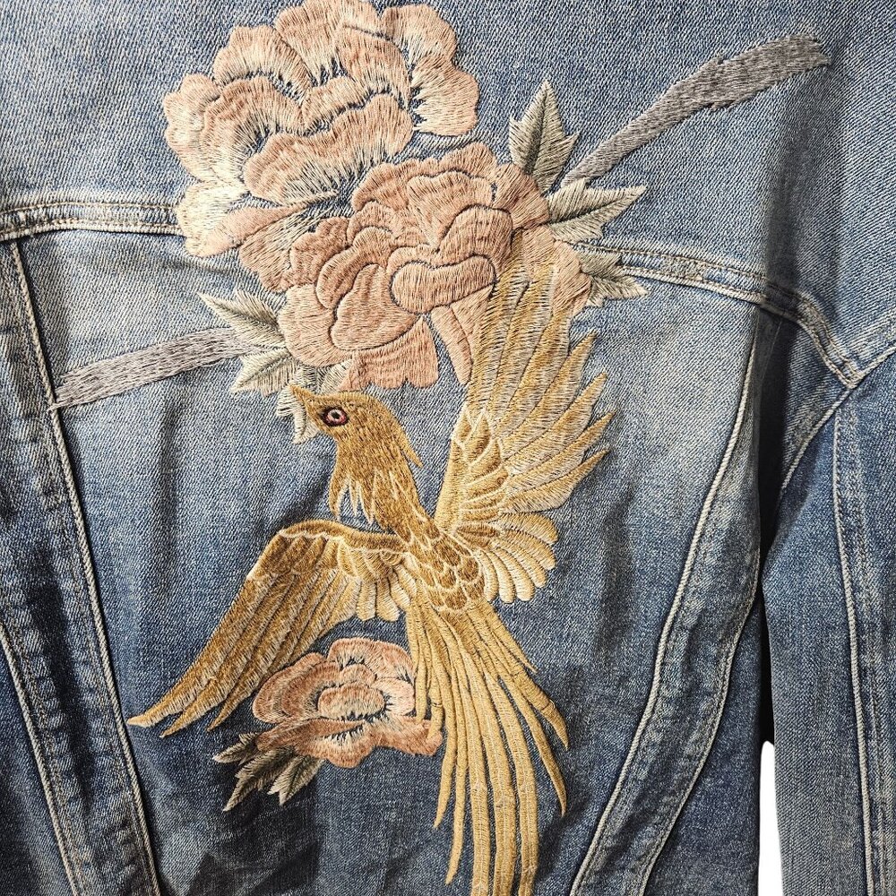 Vintage Marigold Denim Jacket With Embroidered Bird & Floral Design View 6